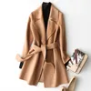 Women's Wool Blends Autumn Women Wool Coats Turn Down Collar Midi Length Coats Women Woolen Coat With Belt Veste Femme Tops Abrigo Mujer HKD230712