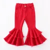 Jeans Girlymax Baby Mädchen Kinderkleidung Outfits Kinder Rosa Rot Enge Schlaghosen Denim Hosen Elastisch Alles passend 230711