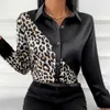 Kvinnors blusar Skjortor Leopard Patchwork Casual Shirt Blue Woman Autumn Fashion -knapp Långärmad skjortor för kvinnor 2021 Vitt tryck Office Top Femme L230712