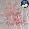 Kvinnor Rosa Sheer Mesh Strap Toppar Shorts Ben Ring Temptation Underkläder Set Ultra Tunn Sexig Pyjamas för Pyjamas Kvinnor Q0706