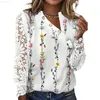 Women's Blouses Shirts Spring Fashion Floral Print Women Shirt and Sexy Asymmetry Collar Button Top Summer Lace Hollow Out Long Sleeve V-Neck Pullover L230712