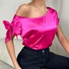 Blusas Femininas EBAIHUI Camisa Manga Curta Ombro Oblíquo Blusa Poliéster Solta Rosa Vermelha Tops Pulôver Decote Redondo T-shirt