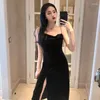 Casual Kleider Sexy Bodycon Verband Kleid Midi Party Sommer 2023 Vestidos Vintage Für Frauen Spaghetti Strap Schlitz Samt Schwarz