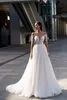 Line Romantic A Dresses Illusion Sleeves Lace Appliques Wedding Dress Button Back Long designer bridal gowns sweep train ppliques