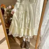 スカート日本ファッションかわいいロリータスカート十代の女の子春秋ハイウエストシャーリングレースパッチワークかわいい弓フリルロングベルベット