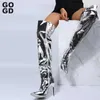 Stiefel GOGD Frauen Sexy Silber Spiegel Oberschenkel Hohe Stiefel T Show Spitze Zehen Club Party Schuhe 2022 Dünne High Heels über Das Knie Lange Stiefel L230712