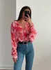 Bluzki damskie koszule Kobiety Szyfon Sheer Loose Print Shirt Kobieta Elegancka swobodna koszulka klapowa 2022 Letnie moda w stylu świątecznym Bluzki L230712