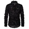 QNPQYX New Sexy Black Feather Lace Shirt Men Fashion See Through Clubwear Dress Shirts Mens Event Party Prom Transparent Chemise S-3XL