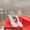 유명한 디자이너 샌들 힐 마르고트 샌들 120 여성 신발 나비 스틸 레토 샌들 뱀 모양의 섹시한 발목 샌디언트 디자이너 파티 신발 RC 크리스탈 하이힐