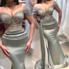 Arabo Plus Size Grey Mermaid Abiti da sera sexy in pizzo con perline in raso Prom Party formale Abiti da secondo ricevimento