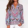 Women's Blouses Shirts final sale blue floral print long sleeve shirt new peasant blouse V-Neck tassel tie long Sleeve shirt women bohemian tops hippie L230712