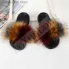 Slippers Fashionable plush fluffy slippers women fake fur slide beach furry sandals faux fur slider beautiful girl fluffy shoes woman T230712