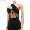 Casual Dresses Sexy Shiny Sequin Bodycon Mini Dress Inclined One Shoulder Mesh Vestidos Outfits 2023 Summer Night Club Birthday Party