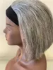 Short human hair bob wig with headband lace gray Salt and pepper natural grey straightstretchy cap with adjustable straps for women