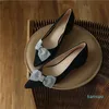 Dress Shoes Drestrive Simple Women Pumps Crystal Butterfly Knot Pointed Toe Genuine Leather Beige Thick Low Heels Black Office