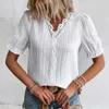 Blusas Femininas Elegante Branco Listras Verticais Renda Camisa Decote em V Casual Puff Blusa Manga Curta Moda Feminina Top Bonito Blusas 27878