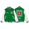 Men's Jackets Patchwork Green Rhude Bomber Jacket Embroidery Red Flower Leater Sleeve Crewneck Coat Varsity Baseball