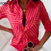 Kobiety damskie koszule kobiety eleganckie eleganckie odrzucone obroź geo drukowane długie rękawy przycisk Kobiet pracujący bluzka top L230712