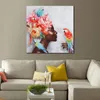 Modern Abstract Canvas Art Closed Eyes Woman and Parrot Handmade Oil Painting Contemporary Wall Decor