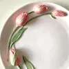 Piatti 8 Inch Ins Vento Rilievo Tridimensionale Tulipano Piatto Da Dessert Dipinto A Mano Colazione Ceramica Western Ragazza Cuore Rosa