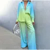 Jumpsuits för damer Damer 2-delat set Gradient Långärmad Pikétröja med knapp Utsvängda benbyxa träningsoverall S-2XL 8Color 230711