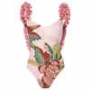 Abbigliamento etnico Costume da bagno intero stampato rosa Cinghie di fiori Bikini e gonna sexy senza schienale Scollo quadrato retrò Moda da spiaggia elegante