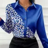 Kvinnors blusar Skjortor Leopard Patchwork Casual Shirt Blue Woman Autumn Fashion -knapp Långärmad skjortor för kvinnor 2021 Vitt tryck Office Top Femme L230712