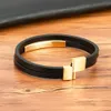 XQNI Schlichter Stil, klassisches Edelstahl-Armband für Herren, schwarzes Leder, doppelschichtiges Design, DIY-Anpassung für Freunde, L230704