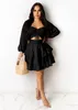 Summer Temperament Commuter Mid-Waist Skirt Beauty Vintage tTemperament Long Sleeve Solid Color Breast Puffed Sleeve Dress