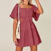 Casual Dresses Summer Women Solid Color Square Collar Dress Hollow Cut Out High Waist Elegant Party Club A-line Frech Style Vestido