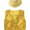 Waistcoat Kids Boys Glittery Sequined Sleeveless Vest with Hat for Jazz Modern Latin Dancing Stage Performance Dance Costumes l230711