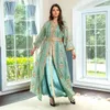 Ethnic Clothing Fashion Party Evening Long Dress For Women Eid Al Adha Moroccan Caftan Dubai Mesh Embroidery Lace Gold Tape Trim Abaya Robe