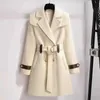 Mélanges de laine pour femmes 2023 nouvelle veste en laine d'automne et d'hiver vêtements pour femmes manteaux en laine ceinture mince élégant long manteau femme Beige noir vêtements d'extérieur HKD230712