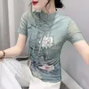 Women's T Shirts Girls Folds Printed Mesh TShirts Female Chinese Style Turtleneck Vintage Short Sleeve Floral Tshirt Top Women Slim Tees