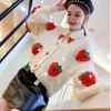 Damstickor JMPRS Söt Strawberry Cardigan Sweater Dam Höst 2023 Lös Mode V-hals Hand 3D Stickning Dam Jumper Casual Damrockar