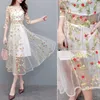 Party Dresses 2023 Summer Female Gauze Skirt Lace Mesh Floral Over-the-knee Embroidered Dress Women Retro Gentle Temperament