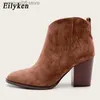 Stiefel Eilyken 2023 Herbst Faux Wildleder Stiefeletten Frauen High Heel Seite Reißverschluss High Top Gestapelter Blockabsatz Kurze Western Cowboy Booties T230713