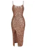 Casual Dresses Sexy Spaghetti Strap Luxury Sequins Bodycon Dress Elegant Gold Sequin Sleeveless Glitter Split Midi Clubwear Cocktail Dres