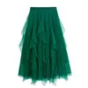 Skirts Petal Tulle Skirt Female Autumn Winter Mid-Length High Waist Slim Ruffled Pleated 3 Layers Mesh Long