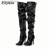 Boots Eilyken 2023 New Thigh High Boots Fashion Patent Leather Pointed Toe Zip Female Stiletto Heels Pleated Design Women's Shoes T230713