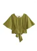 Women's Blouses Backless Design Top Women 2023 Olive Green Crop Female O Neck Vintage Short Sleeve Blouse Summer Streetwear Chic Tops