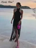 Urban Sexy sukienki kantar Dres czarny frędzle bez pleców bez rękawów Kobieta 2023 Summer Fashion Beach Long Lady Vestidos 230713