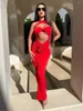 Robes décontractées licou robe rouge fleurs moulante Maxi mollet longueur femmes vêtements croix plissé élégant fête Sexy vêtements