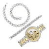 Wristwatches 3PCS Iced Out Watches For Women Gold Leopard Watch Sliver Tennis Chains Bracelet Necklaces Jewelry Set