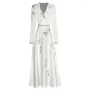 Casual Dresses Fold V Neck Long Sleeve A Line Bamboo Printing Flying Bird Ladies White Maxi Dress S - XXL