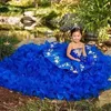 2024 Royal Blue Mignon Enfants Applique Perles À Niveaux Princesse Robe Beauté Pageant Robes Puffy Fleurs Fille Robes D'anniversaire