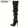Boots Eilyken 2023 New Thigh High Boots Fashion Patent Leather Pointed Toe Zip Female Stiletto Heels Pleated Design Women's Shoes T230713