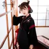 日本の服の着物の女性2PCSセットブラックホワイトトップ猫刺繍スカートアジアYukata Haori Cosplay Party Costumes Ethnic265r