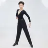 Sahne Giyim Siyah Derin V-Yaka Uzun Kollu Latin Üstler Gömlek Dantel-Up Modern Dans Pantolonlar Kostüm Balo Salonu Daancewear SL6595