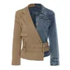 Vestes pour femmes Style de rue pour femmes 2023 mode Denim Patckwork Double ceinture col rabattu veste femme moto manteau